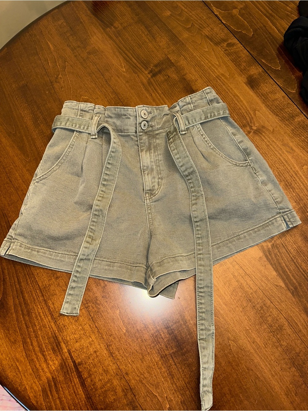 High-Waist Tie-Belt Women’s Denim Shorts — Olive Green